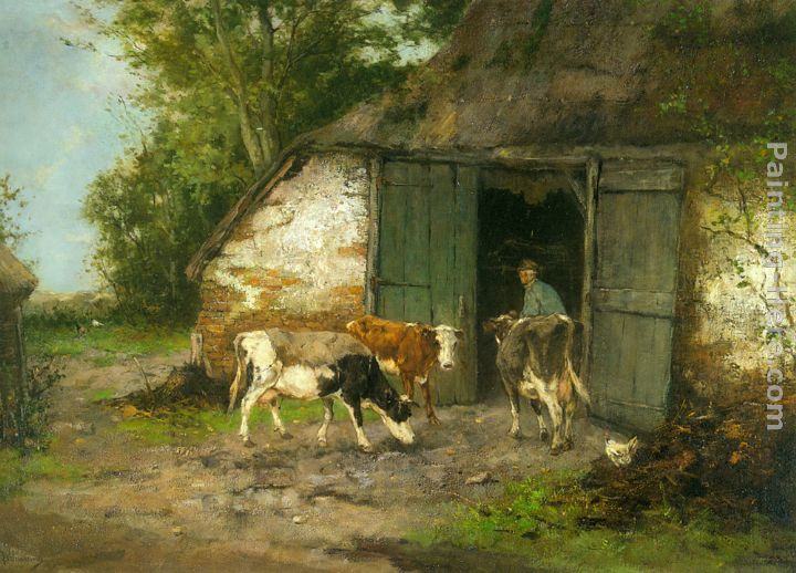 Johan Frederik Cornelis Scherrewitz Farmer and Cattle by a Stable